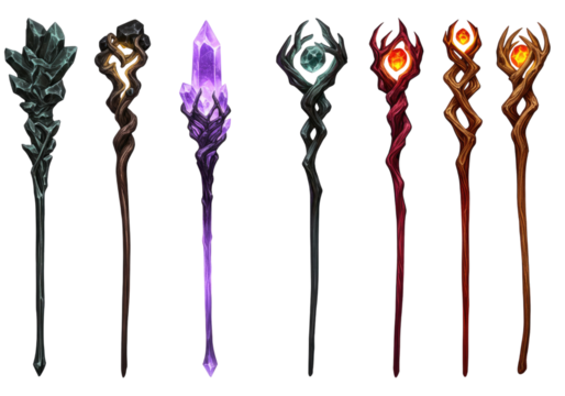 Fantasy staffs collection transparent background cutout png