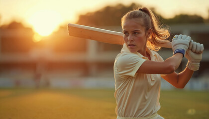 Female cricketer holds bat at sunset on sports ground. Focused woman athlete ready to play cricket match. Dynamic portrait of determined female cricket player in action