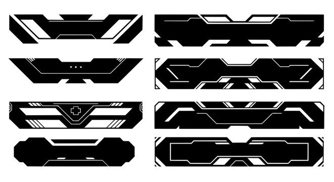 A collection of eight black futuristic banners and frames. These hi-tech HUD elements are perfect for creating custom stream overlays or sci-fi UI designs.