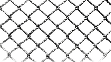 Fototapeta premium A detailed close up of a metallic wire mesh fence with a diamond pattern isolated on a clean white background showcasing its woven texture and