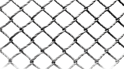 A detailed close up of a metallic wire mesh fence with a diamond pattern isolated on a clean white background showcasing its woven texture and