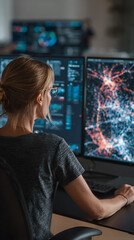 Cybersecurity Analyst Monitoring Threats &ndash; High-Tech Security Hub, Woman in Tech with Dual Screens &ndash; Data Network Visualization, Focused Professional in Digital Command Center &ndash; Cyber Defense Vibe