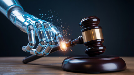 Robotic Hand Touching Judge’s Gavel with Sparks Representing Artificial Intelligence in Legal Systems, Ethics, and Judicial Technology