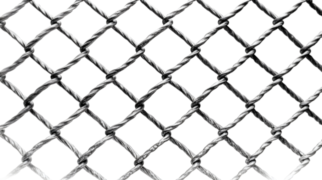 A detailed close up of a metallic wire mesh fence with a diamond pattern isolated on a clean white background showcasing its woven texture and