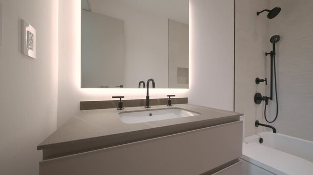 Modern bathroom with double sink vanity and black faucets under large mirror with soft lighting. Toilet sits nearby and white bathtub with wall mounted black showerhead