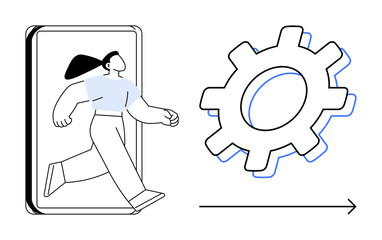 Woman walking out of a digital frame towards a large gear with arrow, illustrating growth, innovation, progress, technology, leadership, automation, and adaptability. Simple flat metaphor