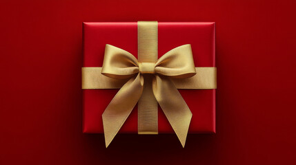 Red gift box with golden ribbon bow on a red background, top view. Luxury Background for Greeting Card design for Birthday, Anniversary, Christmas, New Year, Valentine's Day