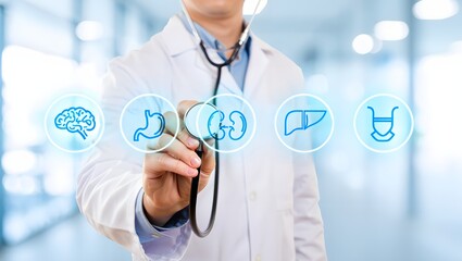 A doctor is holding a stethoscope and pointing to a button on a computer screen. The buttons on the screen are labeled with different medical conditions