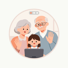 Grandparents and granddaughter waving during video call at home  