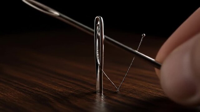 Two needles and thread on a dark wooden surface, sharp focus on the eye of one needle