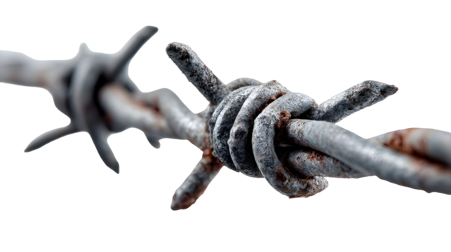 A close up ro shot of rusty barbed wire highlighting its sharp points and weathered texture against a clean white background