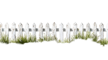 A white picket fence with lush green grass and plants in front set against a clean white background evoking a rustic and idyllic outdoor scene