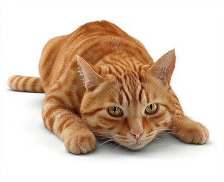 Orange tabby cat lying low and preparing to pounce on white background  