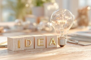 Wooden blocks spell out the word 'IDEA' next to a light bulb, symbolizing creativity and innovation in a well-lit workspace filled with papers and decor