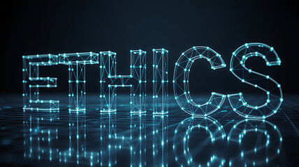 Digital Ethics Word in Glowing Blue Network Style on Dark Background Representing Moral Responsibility in Technology and AI