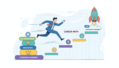 Business man running up stairs symbolizing career path progress, skill development, innovation, leadership learning, and job project success with a rocket launching into the sky, representing