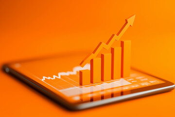A tablet displays analytics data with an orange background. Graphs show increasing trends, reflecting successful business growth and innovative finance solutions for better performance
