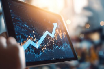 A person holds a tablet displaying a vibrant chart with a rising trend line, symbolizing progress in technology and data analytics for financial growth and innovation