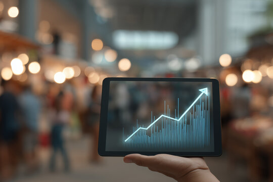 A person holds a tablet displaying a digital graph, indicating growth in social ratings and influence. This scene is set in a vibrant market filled with people in the afternoon