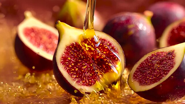 Sweet golden syrup cascades over juicy figs creating a visually delectable and mouthwatering culinary scene, 4k high quality