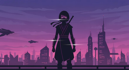 A silhouetted female ninja stands on a rooftop