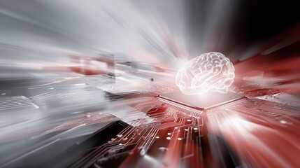 A digital representation shows a brain integrated with a circuit board, highlighting the merging of neuroscience and technology in the realm of transhumanism and ethics