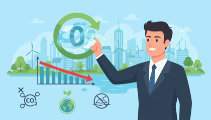 Businessman points to a green zero emission target with a city skyline featuring wind turbines and solar panels, symbolizing environmental sustainability and carbon reduction goals with a downward