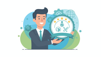 Smiling businessman in a suit proudly presents a circular badge symbolizing top service quality, featuring stars, an upward arrow, a checkmark, a shield, and a link icon, set against a backdrop of