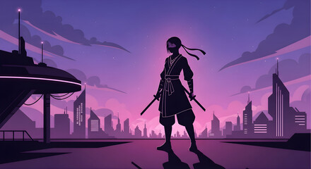 Silhouette of a female ninja, standing on top of a building
