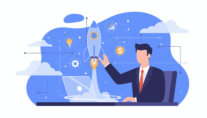 Dynamic illustration of a businessman launching a rocket from his laptop, symbolizing startup growth, innovation, and business success, with icons for ideas, gears, and finance in a vibrant blue