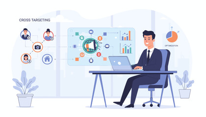 Businessman working on laptop, analyzing cross-targeting strategies for online advertising campaigns, visualizing data and optimization with digital marketing icons and charts in a modern office