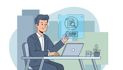 A smiling businessman in a suit sits at a desk, using a laptop, and interacts with a futuristic virtual interface displaying an RFP icon with a magnifying glass, symbolizing business research and