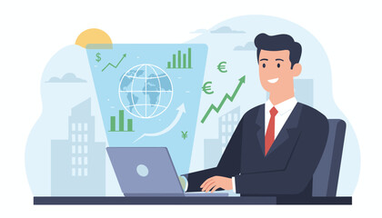 Smiling businessman in a suit using a laptop, with a holographic projection of a globe displaying financial charts, currency symbols, and upward trending graphs, set against a cityscape backdrop with