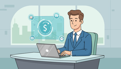 A smiling businessman in a blue suit sits at a desk, typing on a laptop, with a glowing virtual interface displaying a dollar sign and icons representing PPC advertising, analytics, and