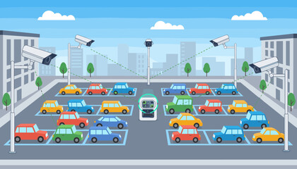 Smart parking lot surveillance system with CCTV cameras monitoring vehicles and a central control unit, illustrating modern urban security and technology integration for efficient traffic management