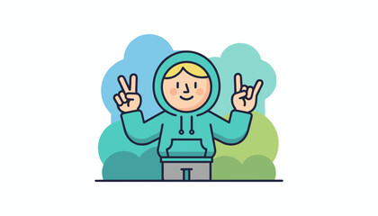 A cheerful cartoon character wearing a teal hoodie and grey shorts, joyfully displaying two distinct hand gestures: the peace sign with the left hand and the rock-on symbol with the right hand, set