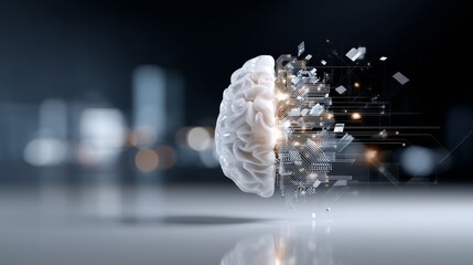 A digital image shows a human brain merging with technology, emphasizing the link between consciousness, identity, and AI in a futuristic environment