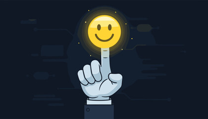 Close-up of a businessman's hand wearing a suit, with a single finger pointing upwards, topped by a glowing yellow smiley face emoticon, set against a dark, abstract background with digital circuit