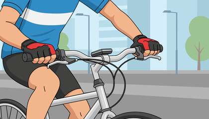 Close-up of a young cyclist's hands gripping the handlebars of a bicycle, wearing cycling gloves, with a blurred urban background featuring streetlights and trees, emphasizing the active lifestyle