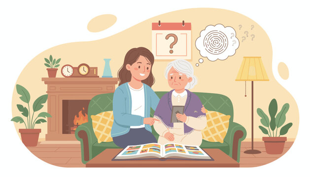 Caring daughter gently assists her elderly mother, who appears confused and distressed, while looking at a photo album, symbolizing memory loss and Alzheimer's care in a cozy living room setting with
