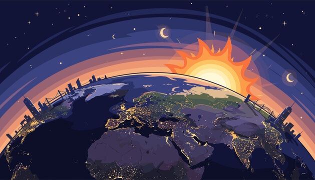 Vibrant illustration of planet Earth at night, illuminated by city lights, with a stylized sun rising on the horizon, casting warm hues across the atmosphere, and a crescent moon in the starry sky