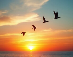 Obraz premium Flock of birds fly over calm ocean at sunset. Silhouettes against colorful sky with clouds, sun reflection on water. Nature scene, warm light, flight.