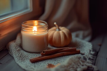 A candle sits on a window sill beside a pumpkin and cinnamon