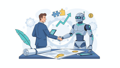 Illustration of a business concept partnership between a human businessman and a robot, shaking hands over a contract with a quill and scroll, symbolizing future technology and collaboration in the