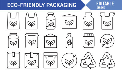 Fototapeta premium Sustainable Packaging Vector Set — Outline Icons of Reusable Bags, Boxes, and Bottles