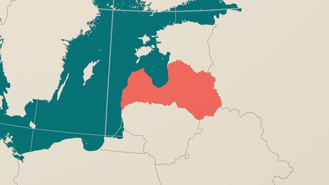 Latvia map. Animated zoom into the country on the Globe in Teal Pale Mint color palette. Country logo animation. Map with meridians, parallels. Amazing video.