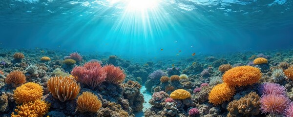 Obraz premium Underwater shot displays coral reef with sunlight. Variety of marine life exists in tropical seascape. Rich colors, rock formations create unique coral environment on ocean floor. Tourism thrives due