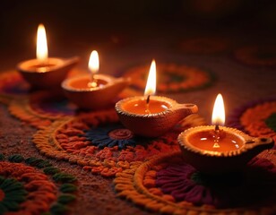 Clay oil lamps glow on vibrant rangoli at Diwali, Hindu festival of lights. Indian holiday features traditional rituals, bright decor. Auspicious event for spiritual peace, worship, festive mood,