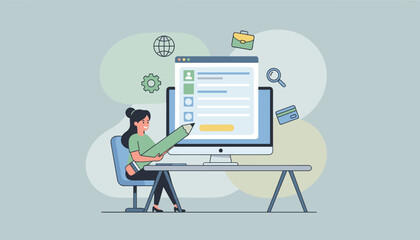 Young woman with a large pencil filling out a digital registration form on a computer screen, symbolizing online account creation, data entry, and user onboarding with icons for business, search, and