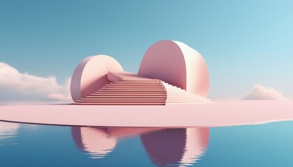3d render abstract geometric stairs and curved structure on pastel island with reflection
